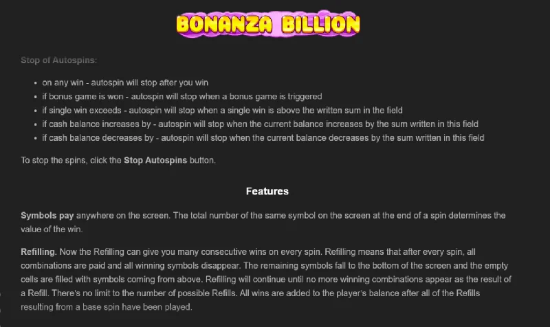 Snímek obrazovky Bonanza Billion